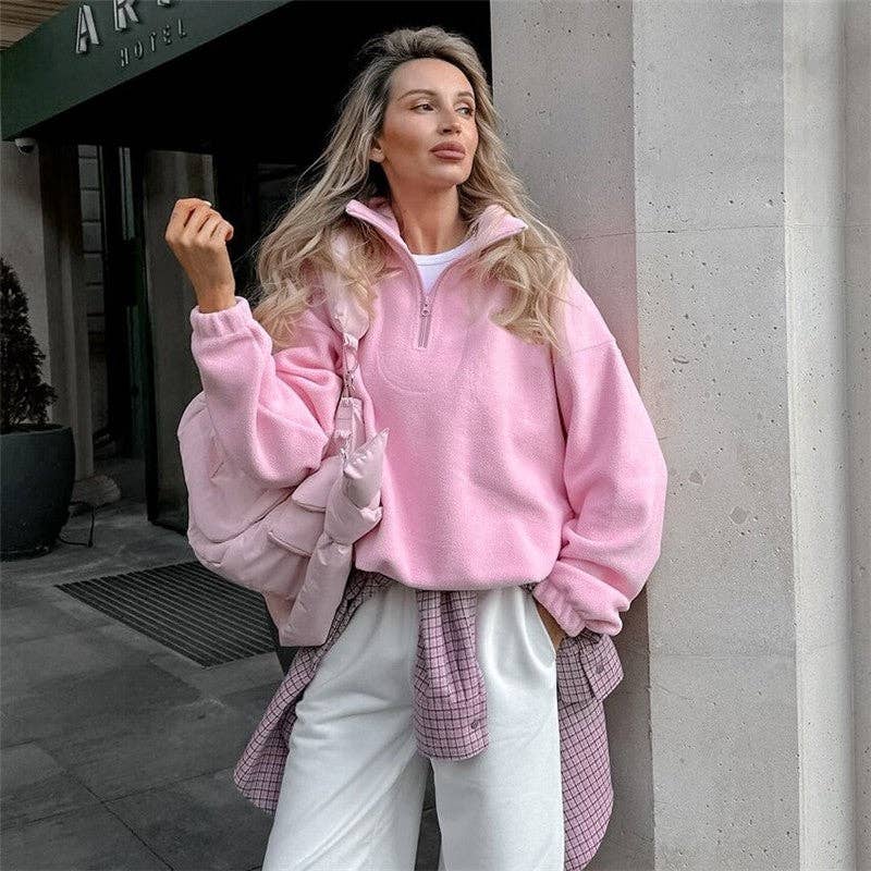 PINK Solid Color Fleece Loose Collar Pullover Hoodie for wholesale on Faire0