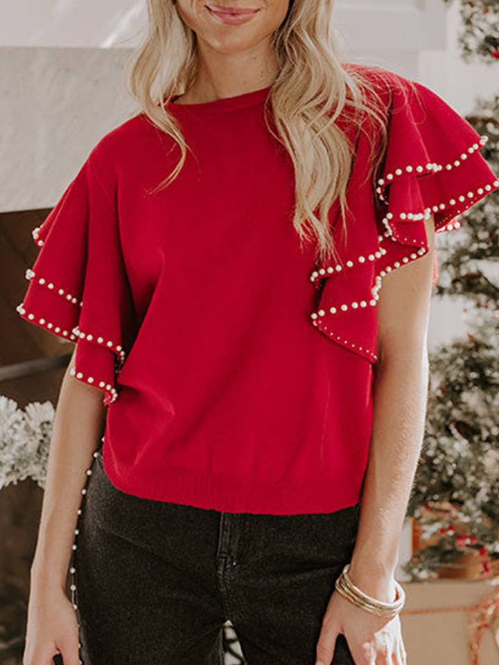 Racing Red Pearl Embellished Double Ruffle Short Sleeve Sweater for wholesale by Lovesoft