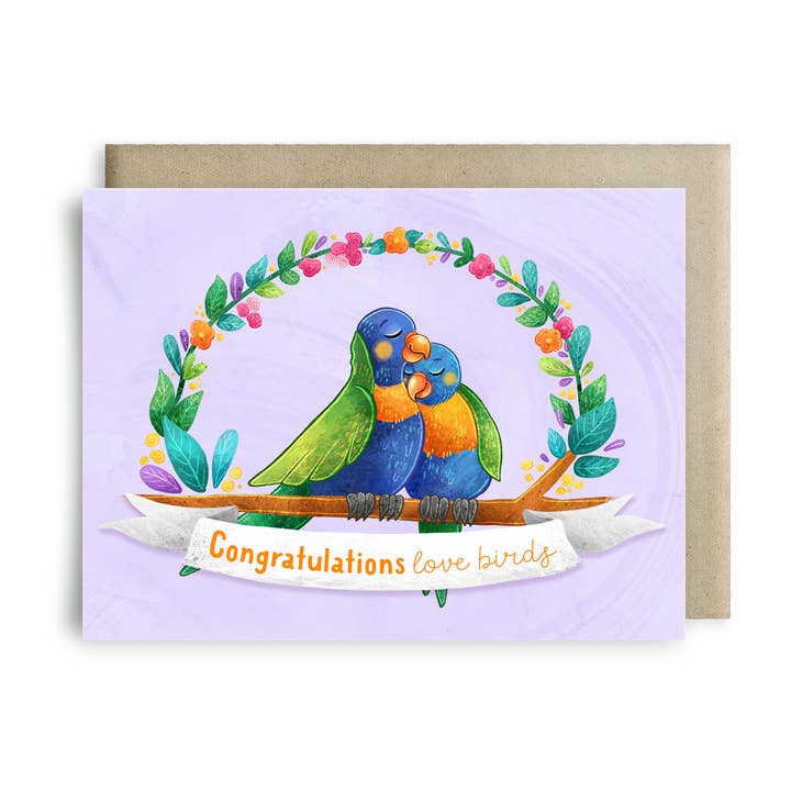 Glückwunschkarte „Love Birds“, Regenbogen-Lorikeet-Hochzeitskarte für den Großhandel von Stray Leaves