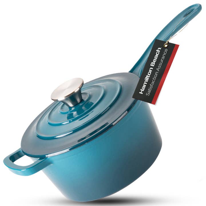 Hamilton Beach Enameled Cast Iron Sauce Pan 2-Quart Navy, Cream Enamel coating, Pot For Stove top and Oven Cooking, Even Heat Distribution, Safe Up to 400 Degrees, Durable and Dishwasher Safe for wholesale by Alpine Cuisine
