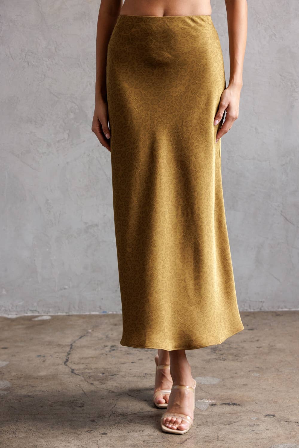 DARK MUSTARD JS5578-9-LEOPARD SATIN JACQUARD MIDI SKIRT for wholesale on Faire2