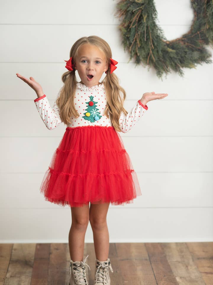Kids Red & White Dot Pom Pom Christmas Tree Tulle Dress for wholesale by Adorable Sweetness