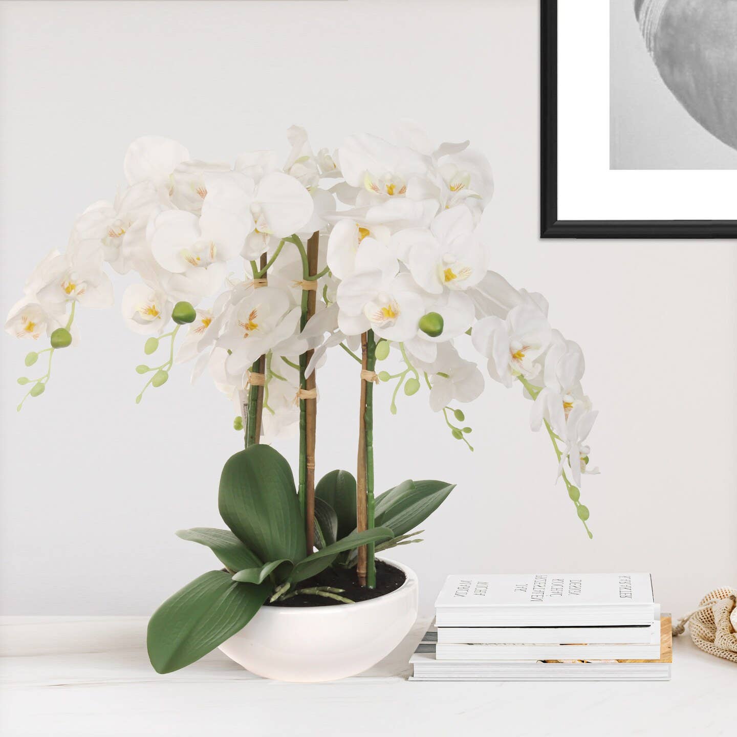 Larksilk - Wholesale Kunstbloemen - 19" Witte Phalaenopsis Orchidee Arrangement In 9" Witte Kom0