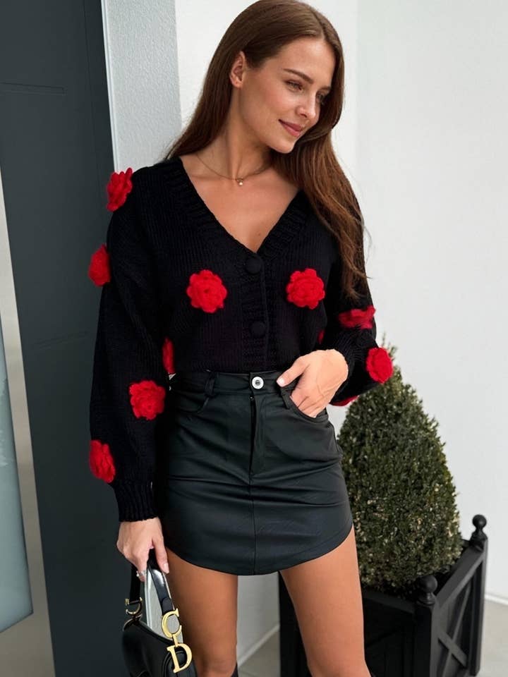 Lily Clothing - Wholesale Cardigan - Women's - V-neck single-breasted floral knitted cardigan6
