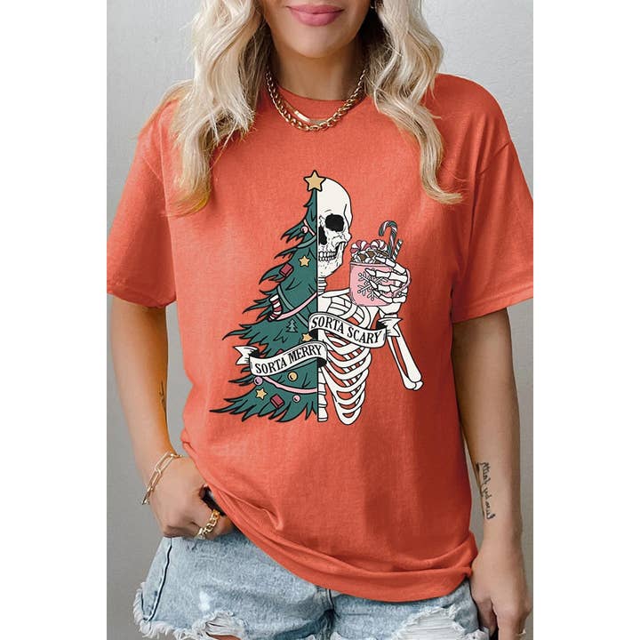 COLORBEAR – Großhandel T-Shirt (Grafikdruck) – Damen – IRGENDWIE FRÖHLICH, IRGENDWIE GRUSELIG, WEIHNACHTEN, SKELETT, SCHWERE BAUMWOLLE12