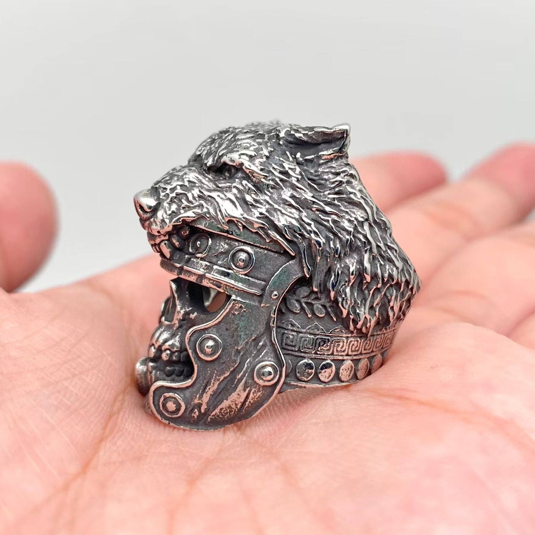 Mio Queena - Wholesale Cocktail/Statement Ring - Viking Skull Wolf Head Helmet Stainless Steel Ring - MJ/MR2