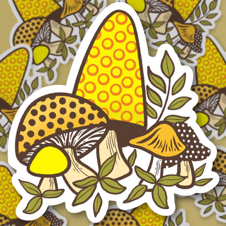 Groovy yellow mushroom gang, sticker for wholesale by Sage and Virgo