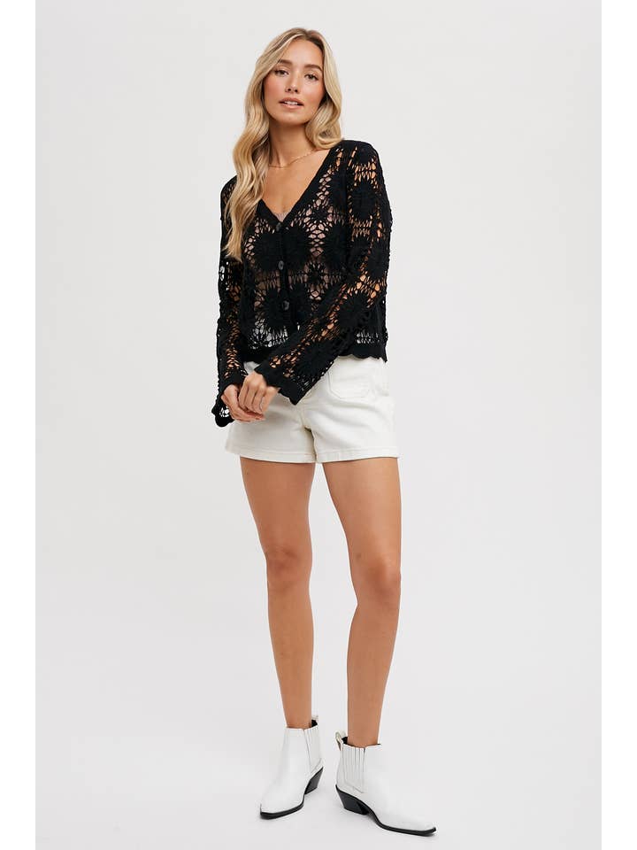 Bluivy - Wholesale Cardigan - Women's - SHEER CROCHET BUTTON DOWN CARDIGAN