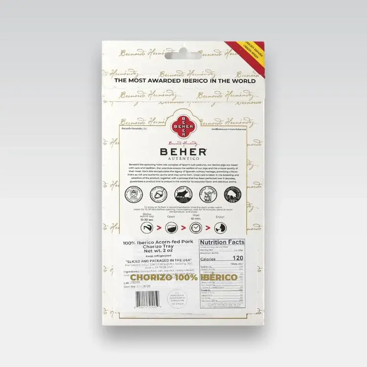 BEHER USA - Wholesale Pork - 100% Ibérico Acorn-Fed Chorizo machine-cut sliced 2oz6