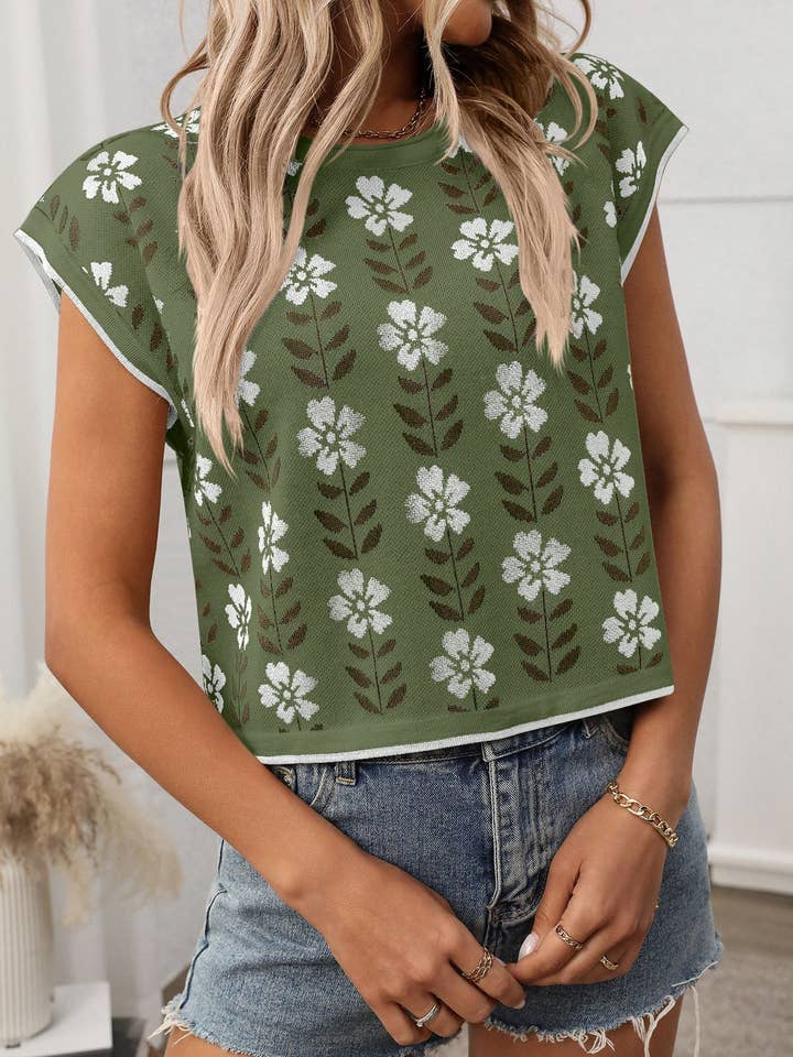 FULL TIME PURCHASE - Wholesale Knit Sweater - Women's - Floral Knit Short Sleeve Crew Neck Pullover Short Sweater