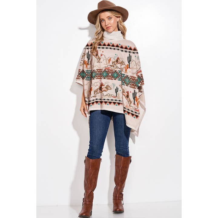 Phil Love - Venta al por mayor Poncho - Mujer - Poncho Rodeo Cowgirl con estampado azteca y cuello de tortuga