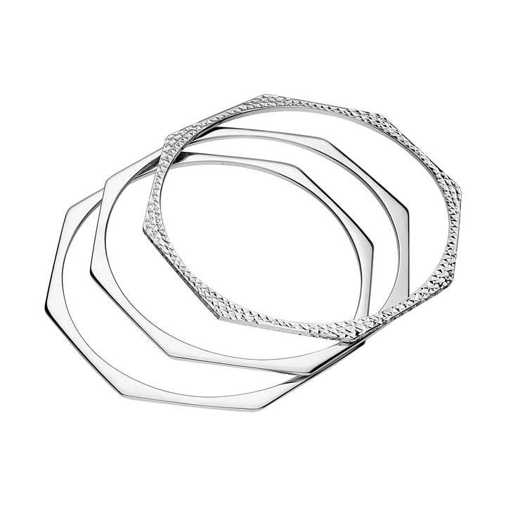 Set of 3 Sterling Silver Geometric Octagon Stacking Bangles for wholesale by Almond Tree