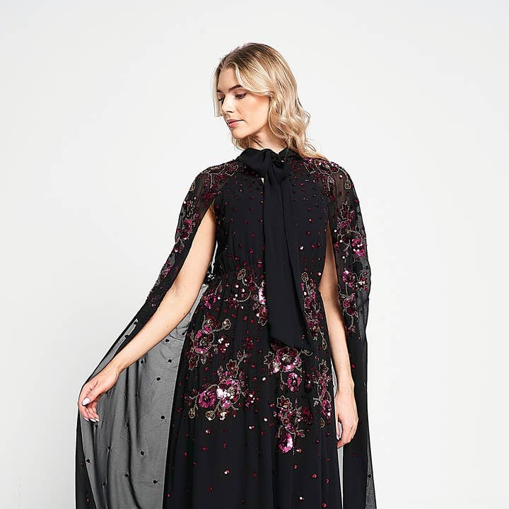 Anya Black Embellished Cape Sleeve Maxi Dress for wholesale by Frock & Frill