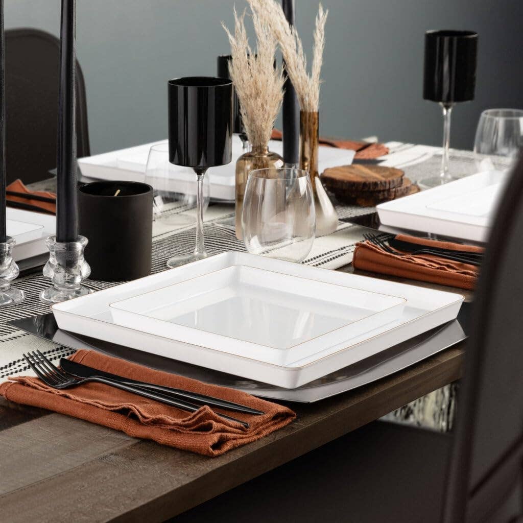 EcoQuality – wholesale Disposable plate – 7.75" & 10.75" Square White China Like Plastic Plates with Gold Rim1