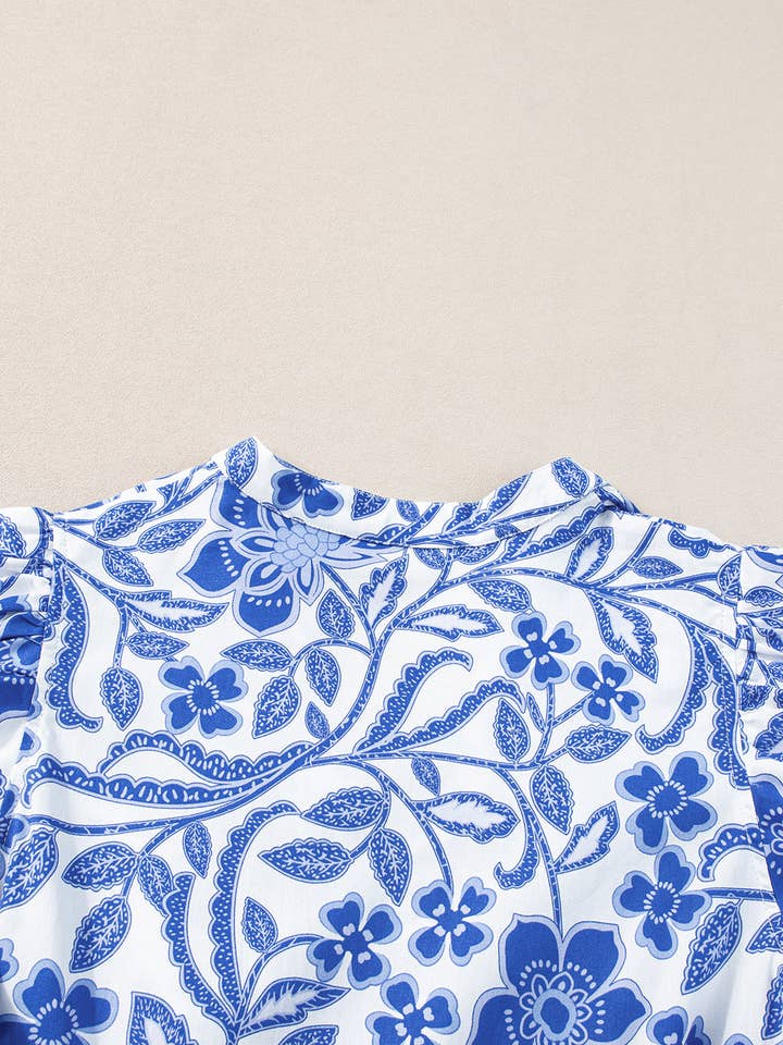 Blue Flower Print Puff Sleeve Tiered Dress for wholesale on Faire