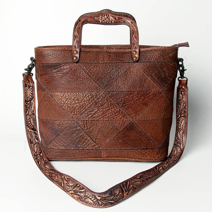 LS Western - Wholesale Tote Bag - Women's - LC-ADBGZ491 Patchwork Embossed Brown Leather Tote Bag - Tooled Handle & Strap Western Satchel1