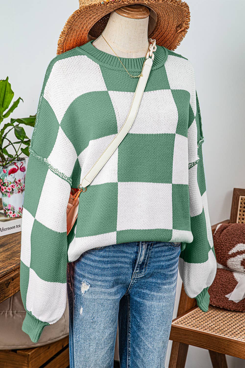 fashionworks - Wholesale Knit Sweater - Women's - Fashion-W Checkered Bishop Sleeve Sweater*S-2XL15