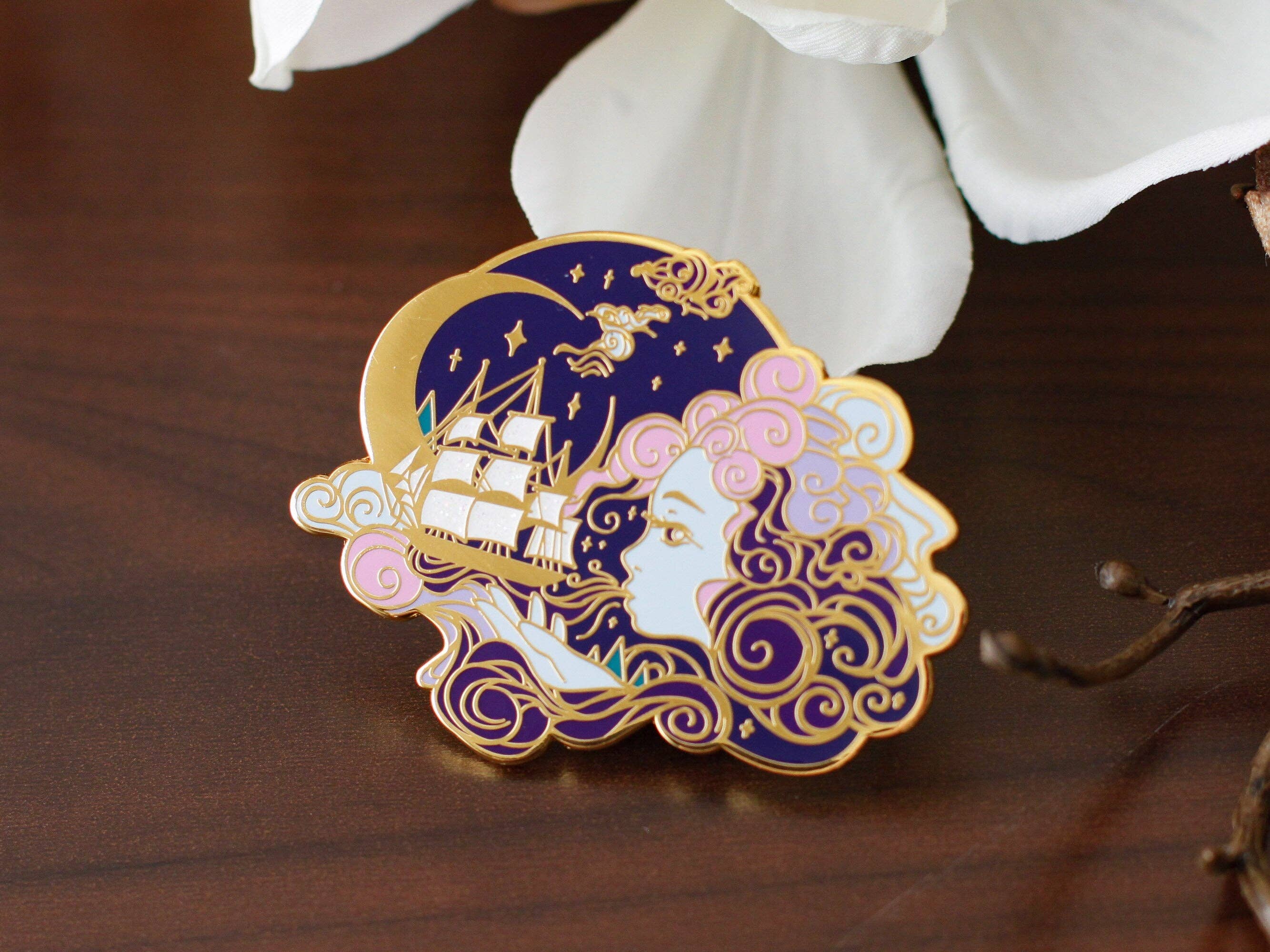 Keely Studios - Wholesale Lapel Pin/Button - Gold Ocean of Sky Wind Goddess Hard Enamel Pin - Night Version3