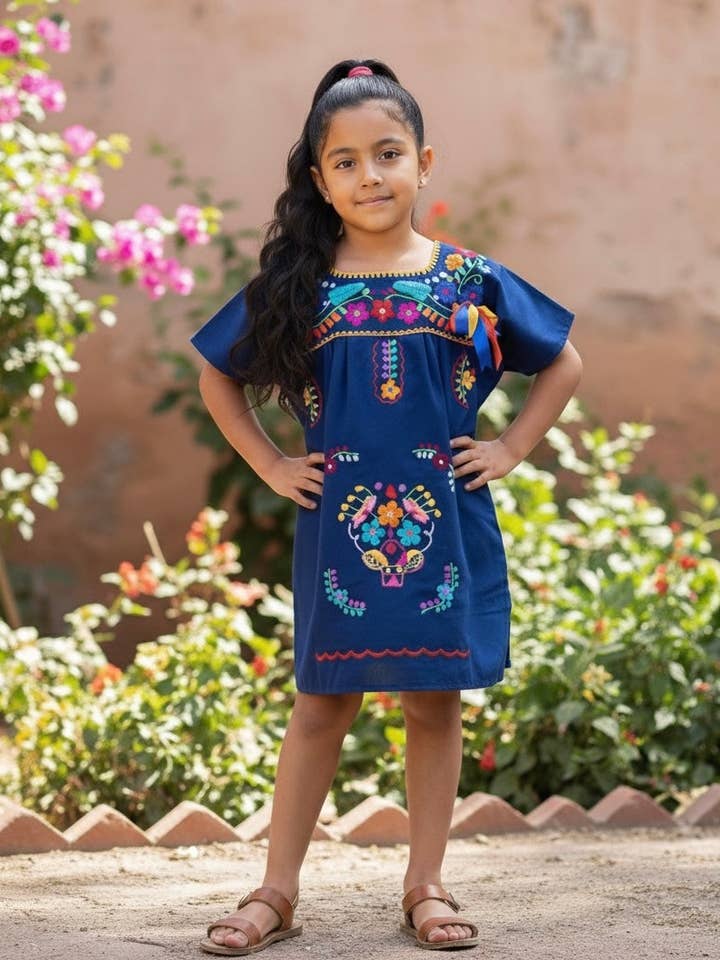 Vestido Mexicano Puebla para Menina Azul Marinho por atacado de Cielito Lindo