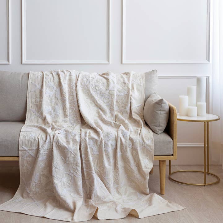 Marble Lotus Original - Wholesale Throw blanket - Ivory Suzani Tapestry Throw 60x90"1