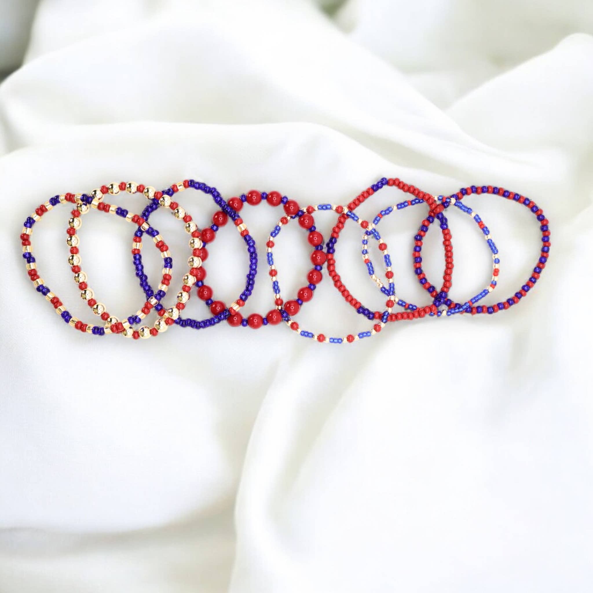 Fish Towne Designs, LLC - Wholesale Jewelry Set - Red and Blue Game Day Seed Bead Bracelet Stack Set of 85