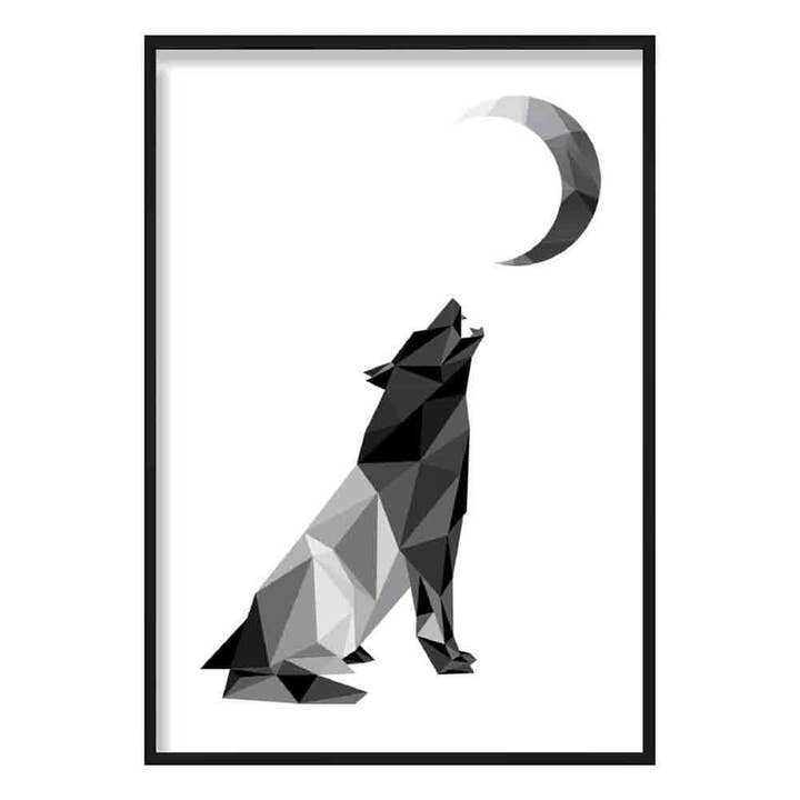 Geometric Poly Black and Grey Howling Wolf Moon Poster for wholesale by Artze Wall Art