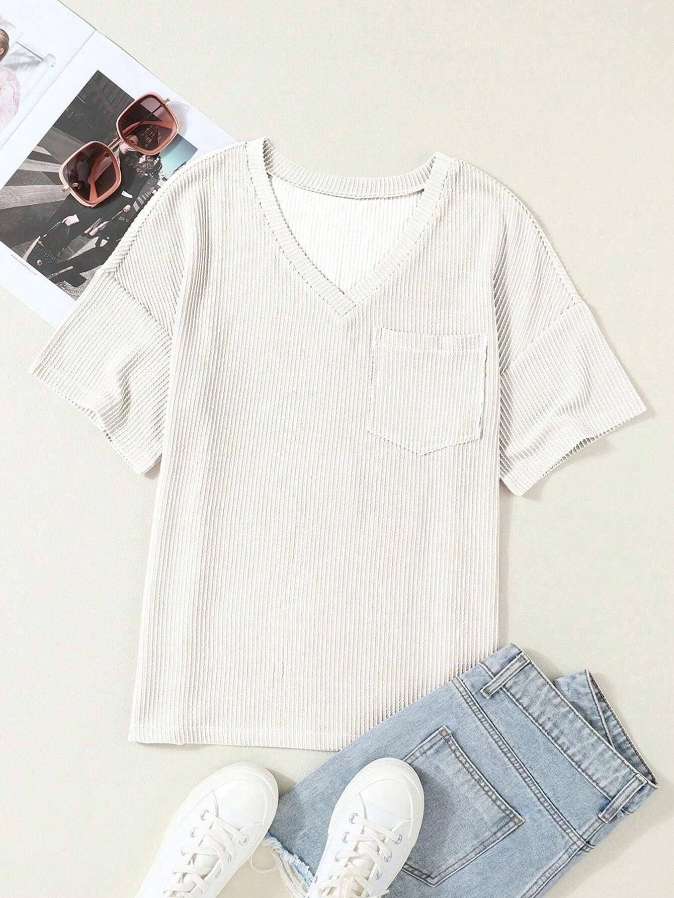 Lovesoft - Wholesale T-Shirt - Women's - Women's Valerian Corded V Neck Chest Pocket Loose T-shirt39