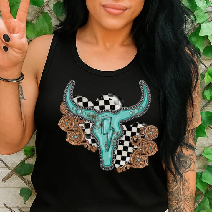 T-Shirt Hoodie Crewneck Turquesa Crânio de Boi – Design de Raio Ocidental e Tabuleiro de Xadrez por atacado de STRONG N FREE CDN