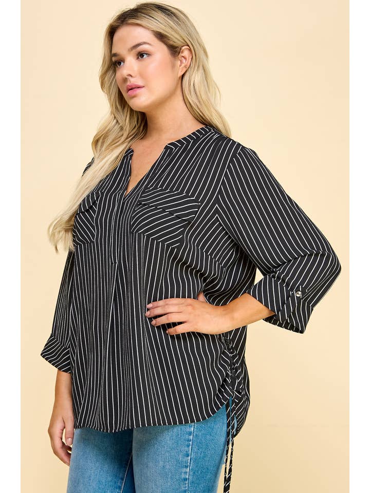 BLACK PLUS SIZE 3/4 BUTTON TAB SLV MANDARIN COLLAR TOP G9303788GX for wholesale on Faire