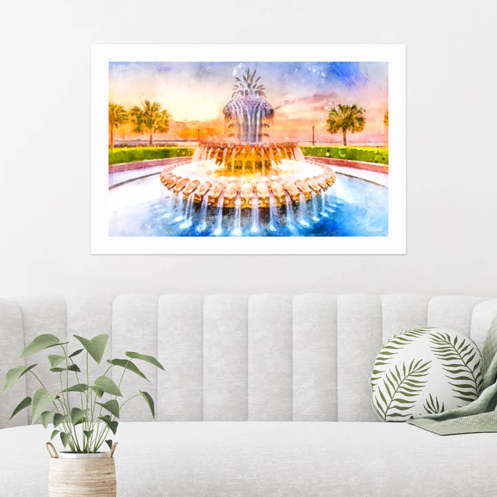 Giclee Art Prints, Charleston SC, Pineapple Fountain voor wholesale door G.O.A.T House of Creative