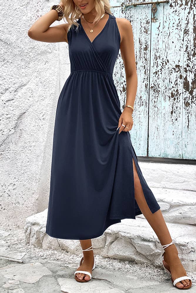 UNISHE - Wholesale Dress - Women's - Plain Wrap V Neck Split Sleeveless Maxi Dress BFZY5356