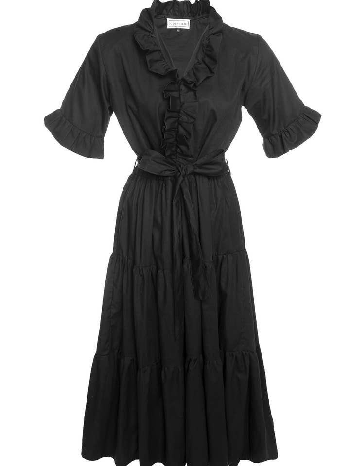 Robe longue à volants Stella avec ceinture en coton noir Couture pour la vente par Coco + Jase
