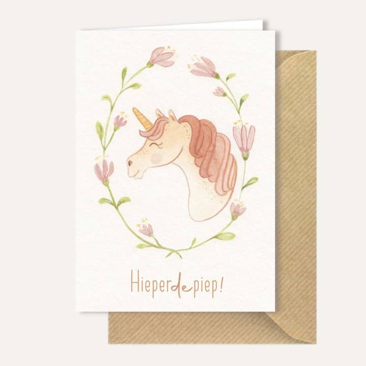 Greeting card 'Hip hip hooray unicorn' for wholesale by Studio Myrthe