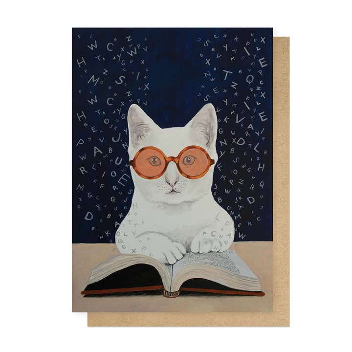 Cat Reading A Book Greetings Card for wholesale by East End Prints - Greetings Cards & Postcards