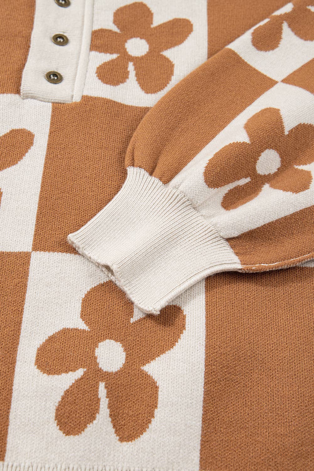 PartyEight - Wholesale Knit Sweater - Women's - Flower Plaid Henley Baggy Sweater5