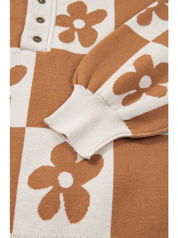 PartyEight - Wholesale Knit Sweater - Women's - Flower Plaid Henley Baggy Sweater5