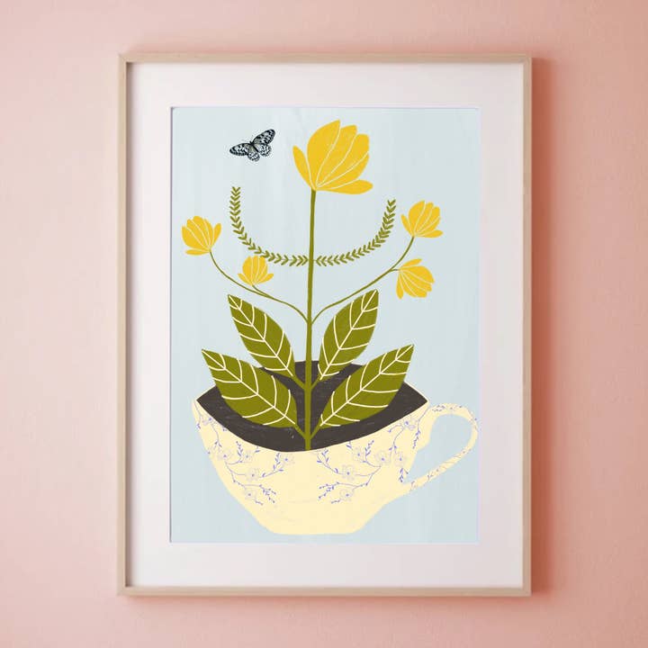 Flores amarillas con estampado de tazas de té para venta al por mayor de Carole Hillman