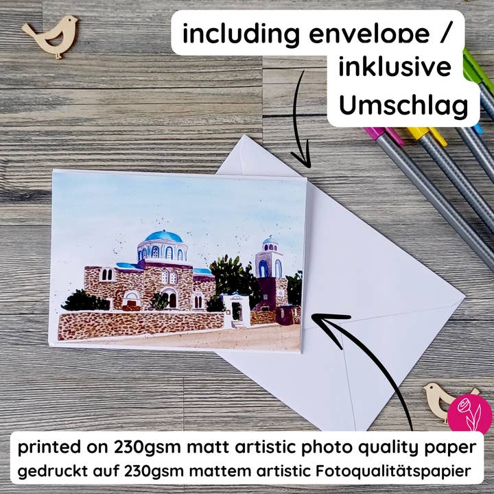 Biglietto d'auguri fatto a mano - Chiesa a Kos, Grecia per la vendita all'ingrosso da parte di Christina Jenne Art and Design