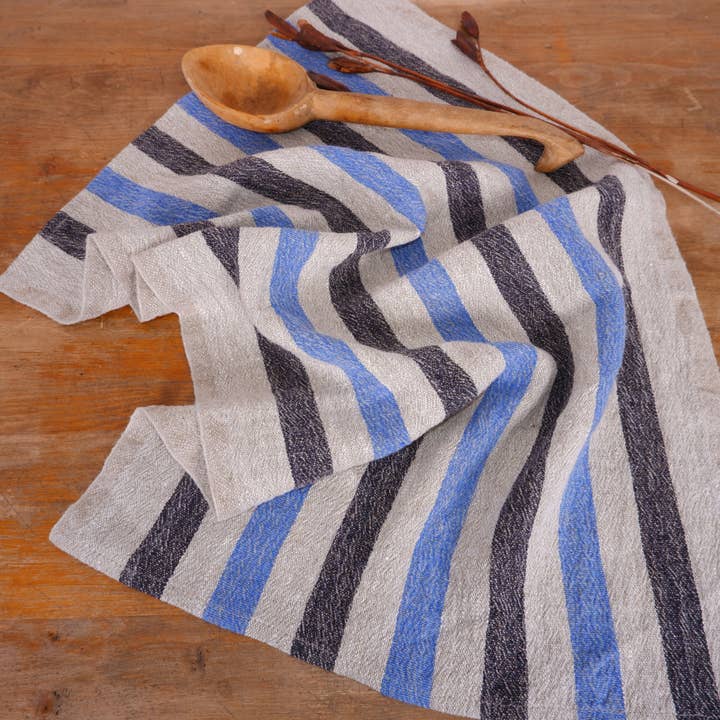 NorraVilla - Wholesale Tea Towel - Blue Black Natur Striped - Linen Kitchen Towel