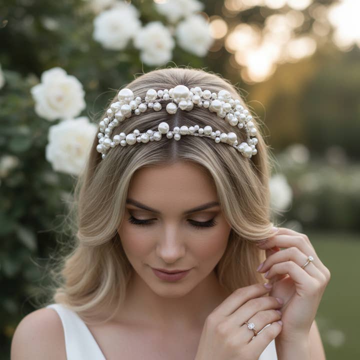 ATHENA COLLECTION - EXQUISITE PEARL HEADBAND - SILVER AHB199 for wholesale by Athena Bridal Jewellery
