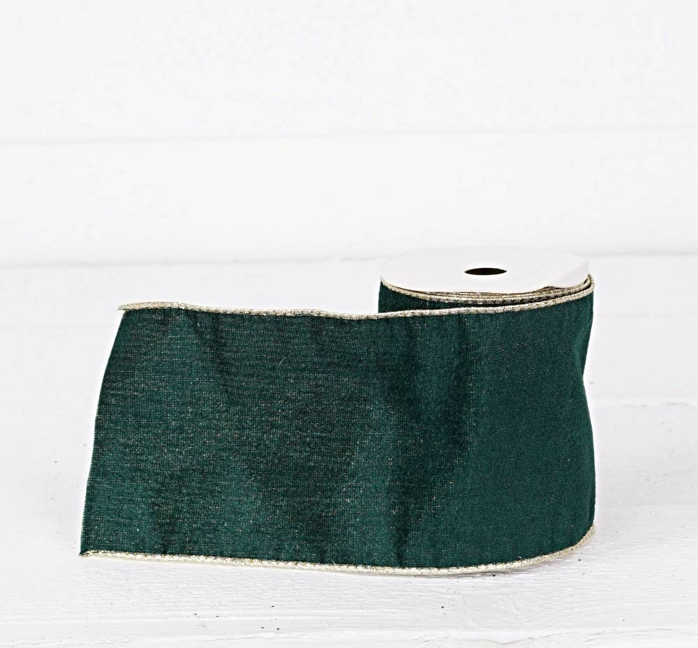 Holiday Depot Inc. - Wholesale Ribbon - Gift Wrapping - R32987-Wired Ribbon-Green velvet w. Gold Back, edges (4inW)