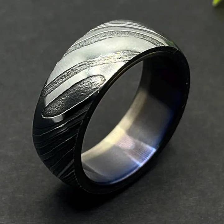 Handcrafted Titanium Damascus Steel Ring – Unique Heat-Anodized Wedding Band, Colorful Groomsmen Gift, Anniversary Ring for Men & Women for wholesale by RustyStudioUSA