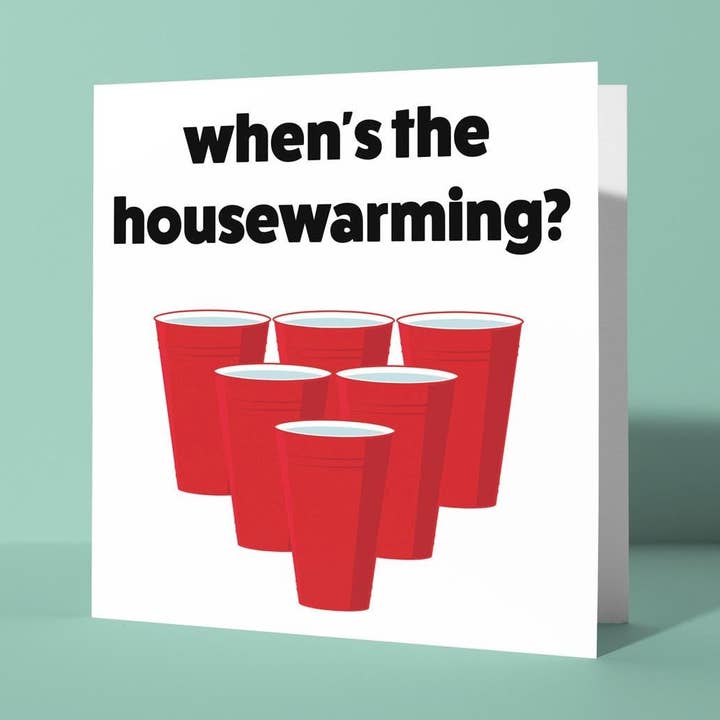 Wann ist die Einweihungsparty? - Neue Zuhause-Karte für den Großhandel von Peacock Printing