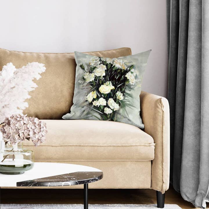 Gray Lisianthus white bouquet | Inside pillow 20" x 20" for wholesale on Faire2