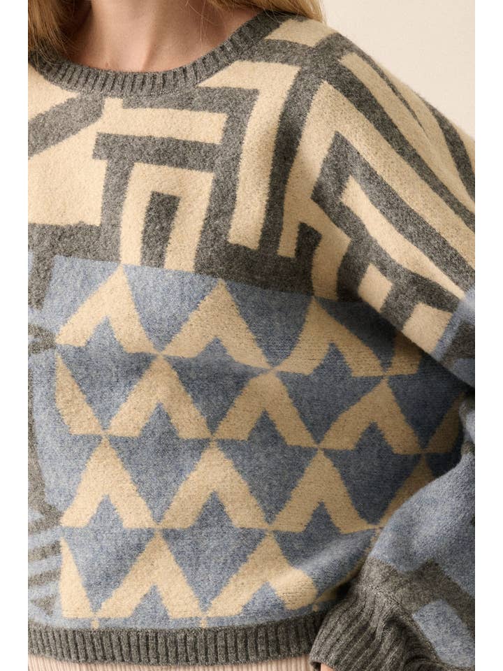 Promesa USA - Wholesale Knit Sweater - Women's - Colorblock Geometric Knit Dolman-Sleeve Sweater