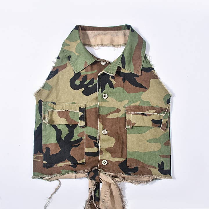 MB FASHION CAMO Cropped Sleeveless Vest with Tie Back 9185LY for wholesale on Faire23