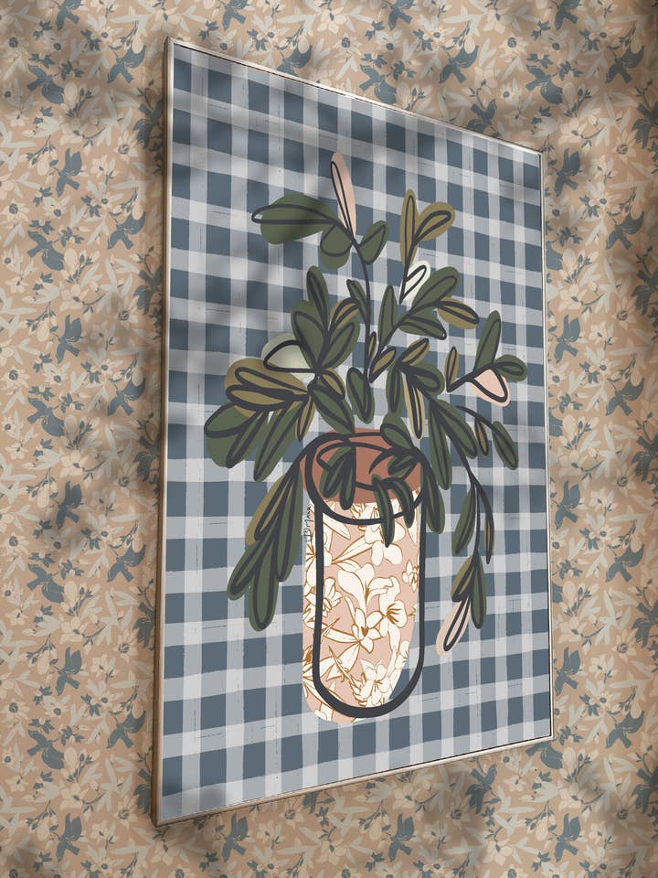 Blue Plaid Floral Illustration | Giclee Art Print for wholesale by Beki Marquardt