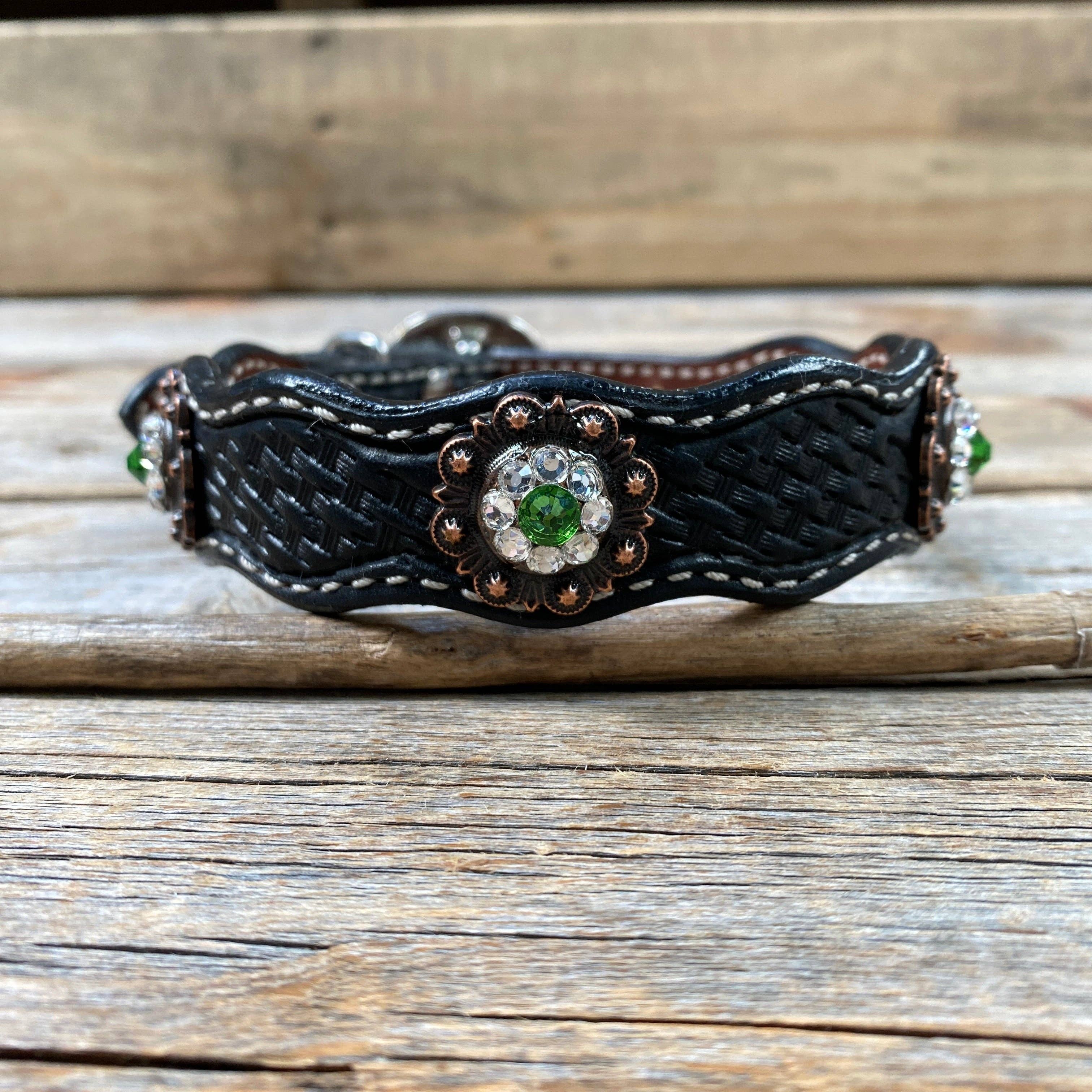 Rodeo Drive – wholesale Horseback riding gear – Leather Dog Collar With Copper Fern and Clear Conchos 10" to 22" -DC112