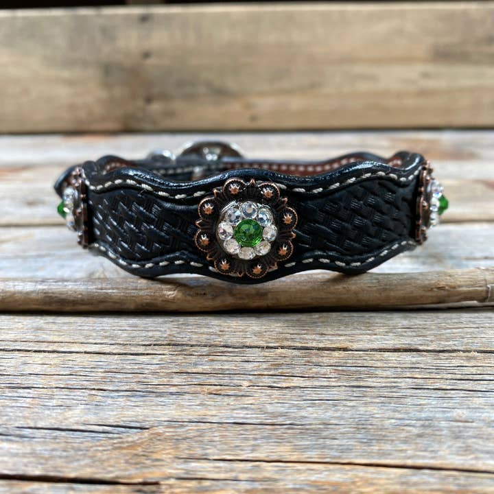 Rodeo Drive – wholesale Horseback riding gear – Leather Dog Collar With Copper Fern and Clear Conchos 10" to 22" -DC112