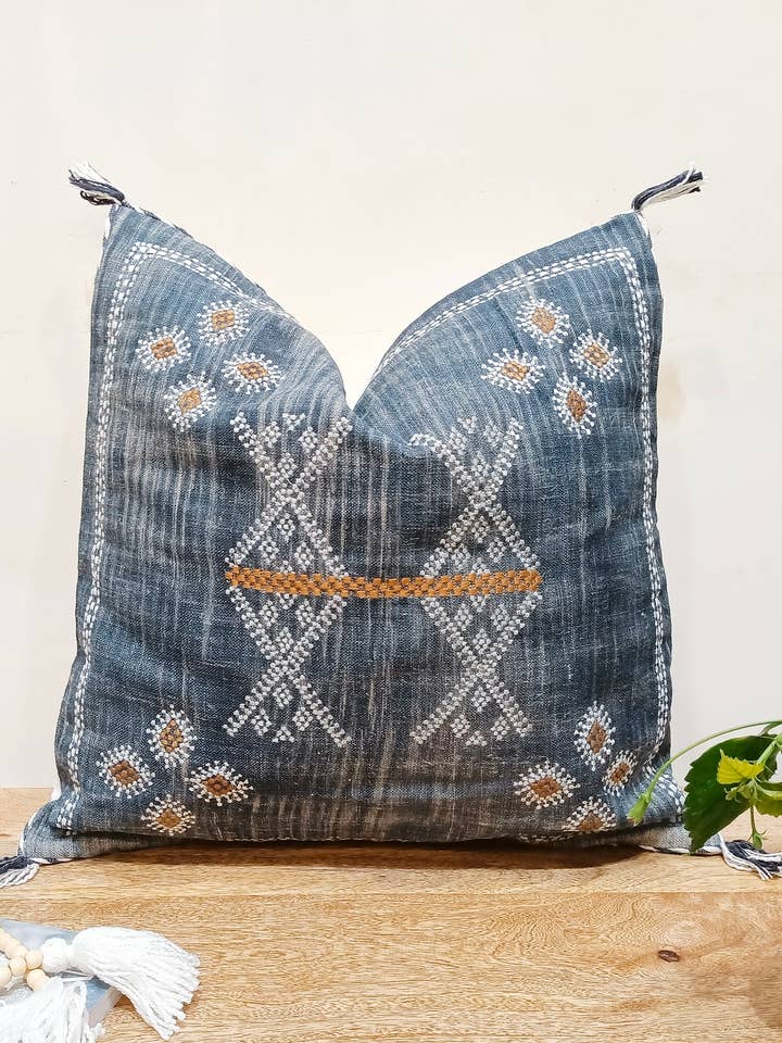 20x20 Square Blue Embroidered Linen Cushion Cover for Gifts for wholesale by Eyda Homes